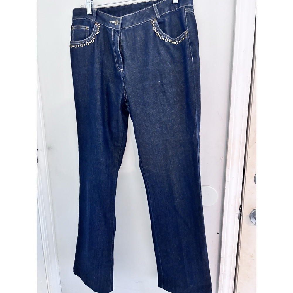 Ruby Rd Sparking Embellished Jeans High Rise 13" Size 12 Dark Wash Wide Leg 18"